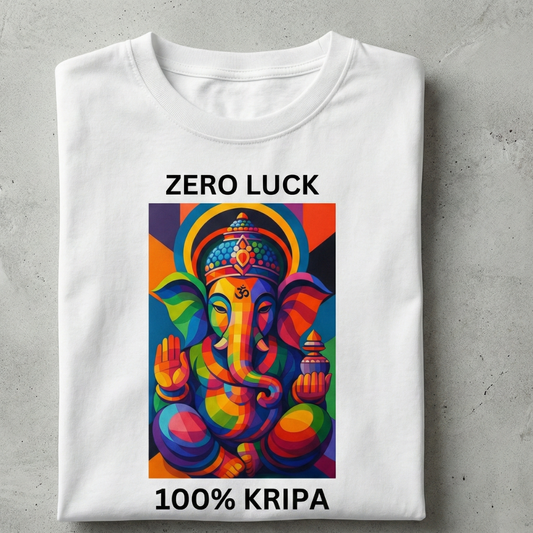 Zero Luck, 100% Kripa – Modern Ganesha Streetwear Tee