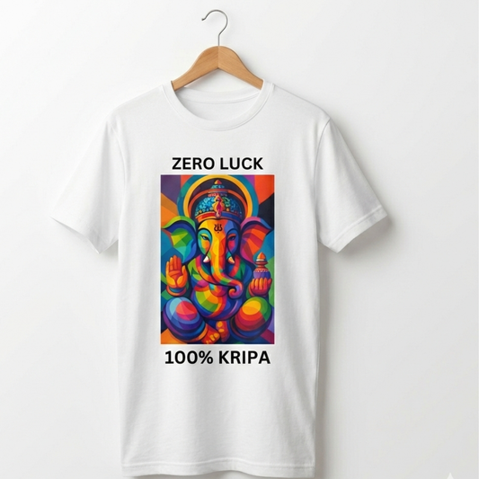 Zero Luck, 100% Kripa – Modern Ganesha Streetwear Tee