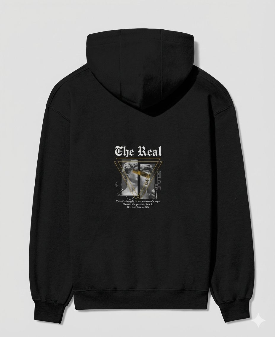Black hoodie with graphic design on the back against a white background