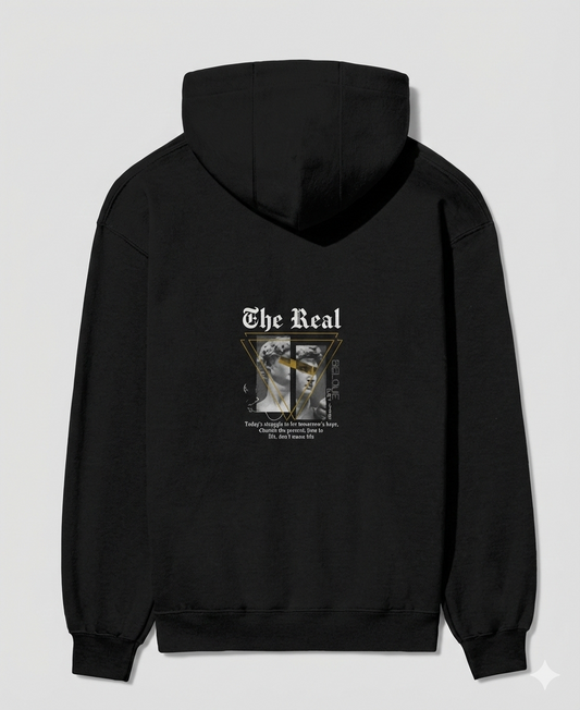 Black hoodie with graphic design on the back against a white background